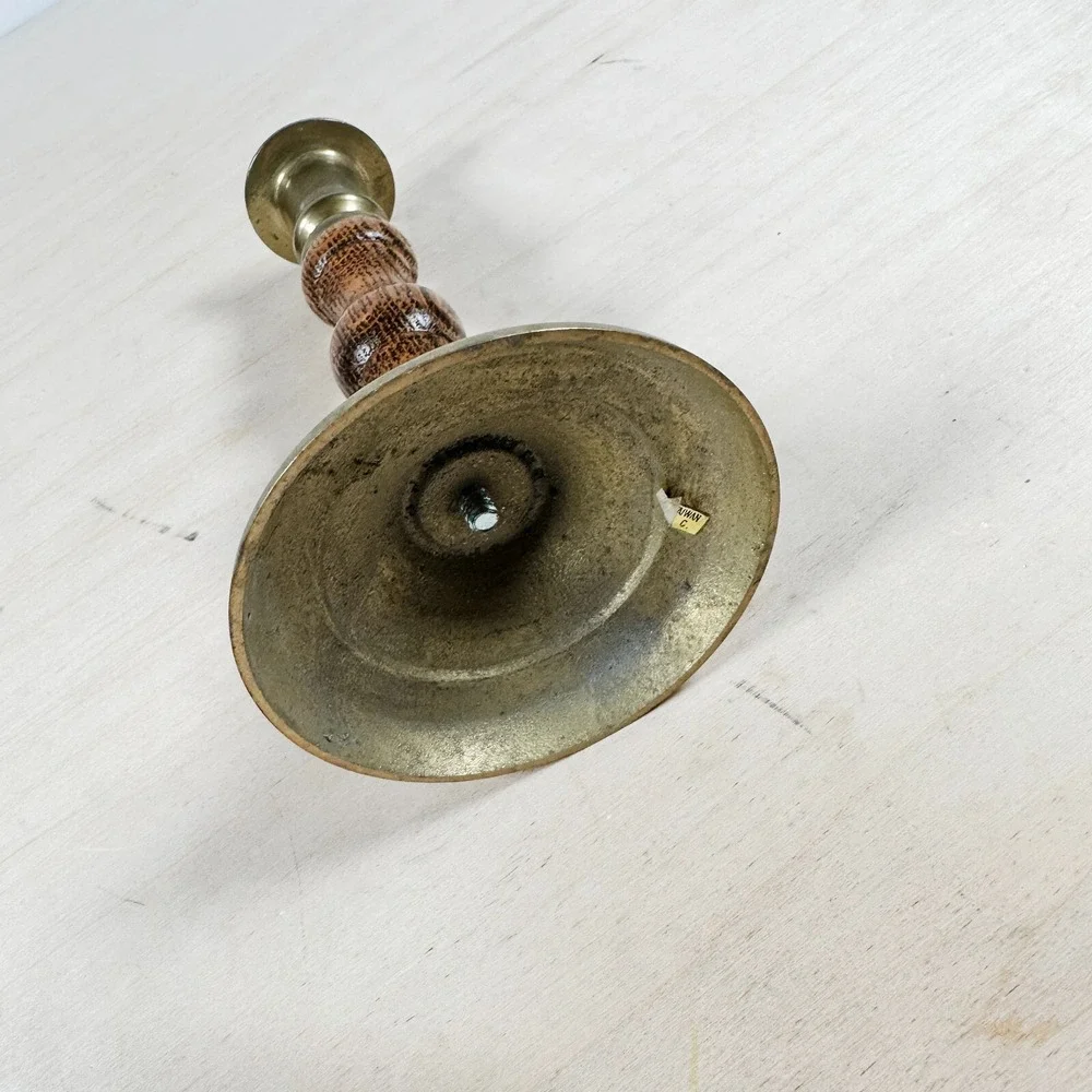 Vintage Wood & Brass Tigerwood Candle Stick Holder MCM Retro‎ Decor Mod